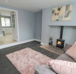 A living room with a fireplace pink rug and gray sofas at 4 Tyne View in Wark