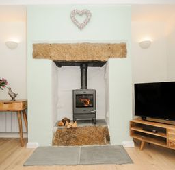 A wood burning stove set in a stone fireplace with firewood beside it a wooden table with flowers and a duck ornament a wooden TV stand with a flat screen TV