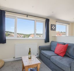 A small living room with a gray sofa a red pillow a wooden coffee table with a bottle and two glasses two windows with dark curtains and a view of houses at Ayla in Lyme Regis