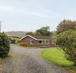 A single-story brick house with white framed windows and gravel driveway surrounded by shrubs and grass at Llwynon in Goginan near Aberystwyth
