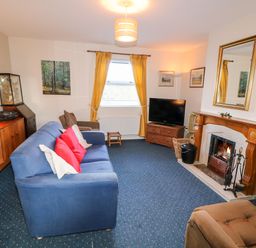 A living room with a blue sofa and red cushions a wooden fireplace and a television at 17 Buninver Road in Gortin