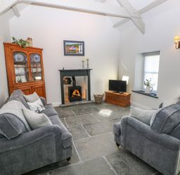 A living room with two gray sofas a wood-burning stove a cabinet with plates and a television on a wooden box at Catamouse in Milford Haven