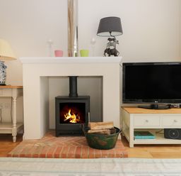 A living room with a wood burning stove a television and lamps at The Roost in Cheriton near Alresford