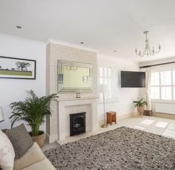 A living room with a sofa and cushions fireplace with a mirror plants and a wall mounted television at Awelfryn in Criccieth