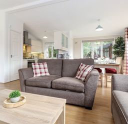 A living room with a brown sofa and plaid cushions a wooden coffee table with a plant an open kitchen and a dining area with a wooden table and chairs at Honeysuckle Lodge Thirlmere 14 White Cross Bay near Windermere