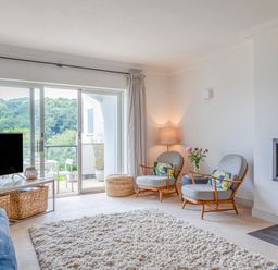 A living room with two chairs a lamp a fireplace and sliding glass doors leading to a balcony at 14 St Elmo Court in Salcombe