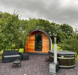 A small wooden cabin with a glass door surrounded by green trees and a lawn with outdoor furniture and a hot tub at Tyddyn Parthle Pod 1 in Bontnewydd Gwynedd