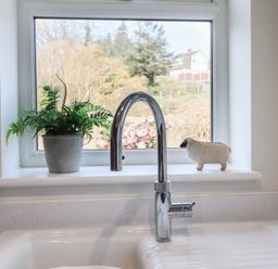 A kitchen sink with a chrome faucet a potted plant and a sheep figurine on the windowsill at Glynside in Conwy