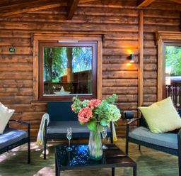 An outdoor wooden porch with chairs, cushions, a table with flowers, and windows at Leafy Hollow Lodge in Louth