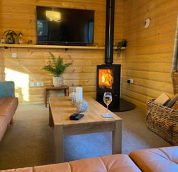 A living room with leather sofas a wooden coffee table a burning wood stove and a basket of firewood at Leafy Hollow Lodge in Louth