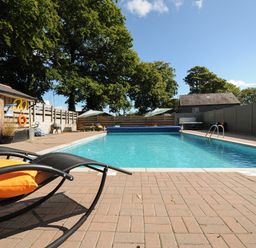 An outdoor swimming pool with sun loungers and umbrellas surrounded by wooden fences and trees at Mousehole in Mawnan Smith Near Falmouth