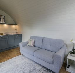 A small kitchen area with blue cabinets and a gray sofa with a floral pillow next to a white side table with a white orchid at Y Dderwen in Bontuchel near Ruthin