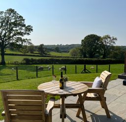 A patio with a wooden table and chairs overlooking a grassy field with sheep and trees at Y Dderwen in Bontuchel near Ruthin