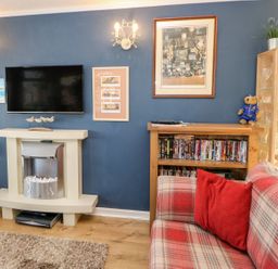 A living room with a wall-mounted TV above a fireplace and a plaid sofa with a red cushion at 6 Badgers Retreat Tunstall near Richmond