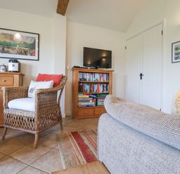 A living room with a wicker armchair a wooden cabinet a bookshelf with a television and a gray sofa at Romulus in Larling near East Harling