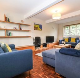 A living room with blue sofas yellow pillows a coffee table with wine glasses and a bottle wooden shelves a television and a window with blinds at Town Farm House Orford