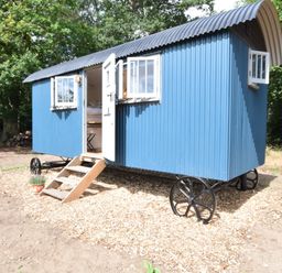 A blue shepherd hut with an open door and windows surrounded by trees at Shepherds Pightle in Hollesley