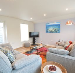 A living room with two gray sofas a colorful rug a coffee table with plates and drinks and a wall-mounted tv at Bramertons Nest Long Melford