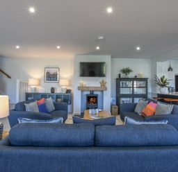 A living room with blue sofas a wood burning stove and a TV at Sea Green Cottage Walberswick