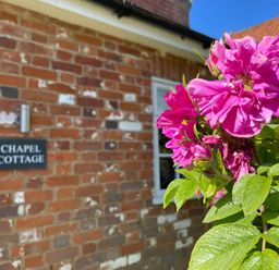 A close up of pink flowers in front of a brick building with a sign that says Chapel Cottage at Chapel Cottage Newbourne Near Woodbridge