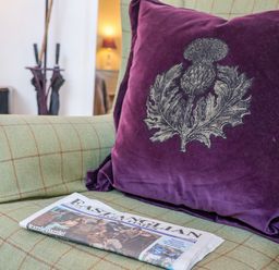 A green plaid armchair with a purple cushion and a newspaper at The Bothy at Snape Hall in Snape Suffolk