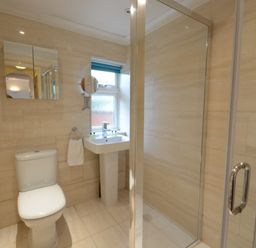 A bathroom with a toilet sink mirror and glass shower door at Garden Cottage Southwold