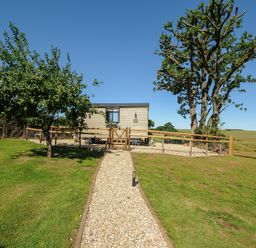 A gravel path leading to a wooden cabin with fenced garden and two trees at Orchard Retreat in East Worlington near Witheridge