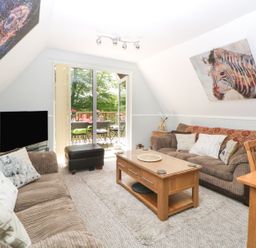 A living room with two sofas a wooden coffee table a television and paintings of animals at 17 Valley Lodges in Gunnislake