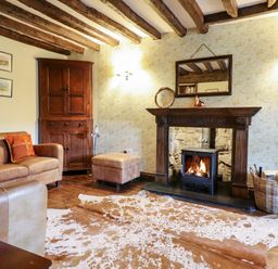 A living room with a leather sofa a wooden cabinet a fireplace and a patterned rug at Gwengraig in Brithdir near Dolgellau