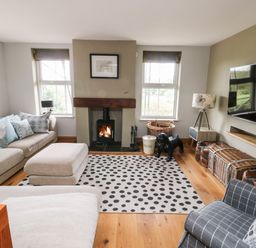 A living room with a fireplace two windows a sofa an ottoman a polka dot rug and a television at Cae Du in Dwyran near Niwbwrch Newborough