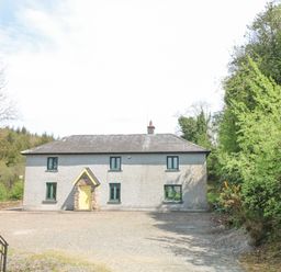 A detached house with a yellow front door and green window frames surrounded by trees at Coffey's in Ballymacarbry County Waterford