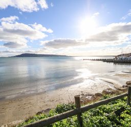 A beach with a wooden fence and green plants near a marina with boats under a clear sky at Kiama in Weymouth