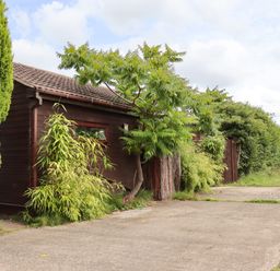A paved driveway with plants and trees next to a brown wooden building and a gate at Meols Holiday Lodge in Meols