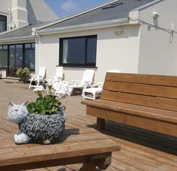 An outdoor seating area with a wooden bench and table with a cat-shaped flower pot and white flowers in front of a white building with white chairs at High Tide in Duncannon County Wexford