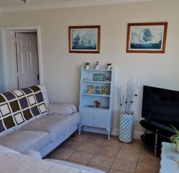 A living room with a sofa a small cabinet with plants framed pictures and a television at High Tide in Duncannon County Wexford