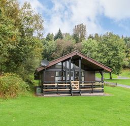A wooden cabin with a porch on a grassy area surrounded by trees at Firbush Lodge in Killin