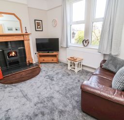 A living room with a fireplace a television a brown leather sofa and a window at Bisley House in Amble
