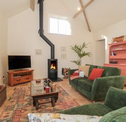 A living room with green sofas a fireplace a television and a red cabinet at The Hayloft in Stockland Honiton