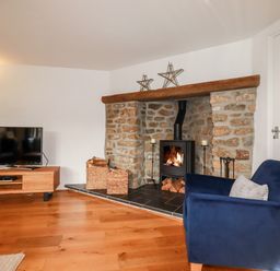 A living room with a stone fireplace wood stove blue armchair wooden TV stand and television at Great Meadow Barn in Crantock