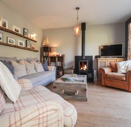 A living room with a plaid armchair a gray sofa a wooden coffee table a wood stove a TV and a bookshelf at The Croft in Newport Pembrokeshire
