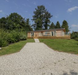 A wooden house with a gravel driveway and grass lawn surrounded by trees at 2 Faraway Fields in Dobwalls