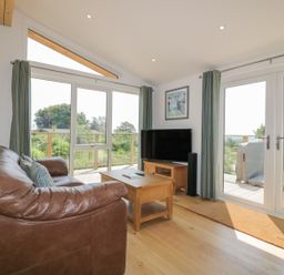 A living room with a brown leather sofa wooden coffee table flat screen tv and large windows at 2 Faraway Fields in Dobwalls