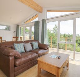 A living room with a brown leather sofa next to a wooden coffee table and large glass doors at 2 Faraway Fields in Dobwalls