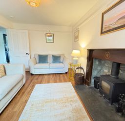A living room with a sofa and a fireplace at Delfryn, Newport