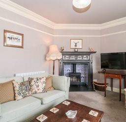 A living room with a sofa cushions a wooden coffee table a floor lamp a TV on a wooden table and a decorative fireplace at The Pound in Porlock