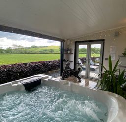An indoor room with a hot tub spinning bike plants and double glass doors opening to an outdoor area with loungers and green fields at Ashlea in Launceston