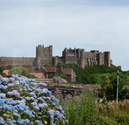 A castle on a hill with houses and flowers in the foreground at Castle View Bamburgh