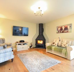 A living room with a fireplace plaid armchairs a white sofa and a flat screen TV at The Pepper Pot in Warkworth