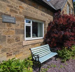 A stone cottage wall with a window and a blue bench beside purple foliage at Alnside Cottage in Alnmouth