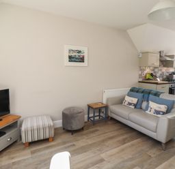 A living room with a sofa a television ottomans and a kitchen area at Riverside Lodge in Alnmouth